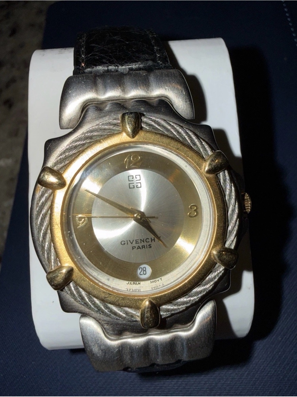 Vintage Givenchy Paris Two-Tone Gold and Silver Dial Watch with Black Leather - Picture 5 of 9